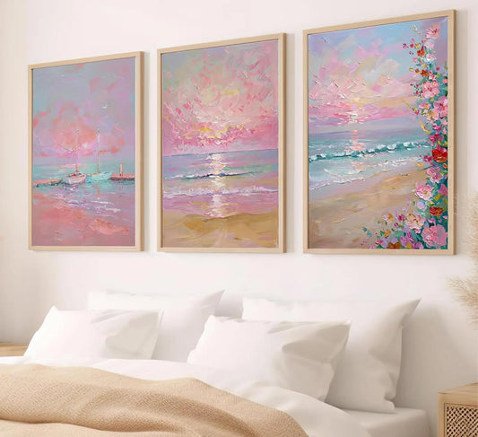 Kouserlin 3 Pcs Pastel Coastal Wall Art Set, Unframed Pink Ocean Beach Canvas Posters, Grandmillennial Preppy Room Decor of Sailboat & Wildflower for Bedroom, Girls Dorm(12x16Inch)