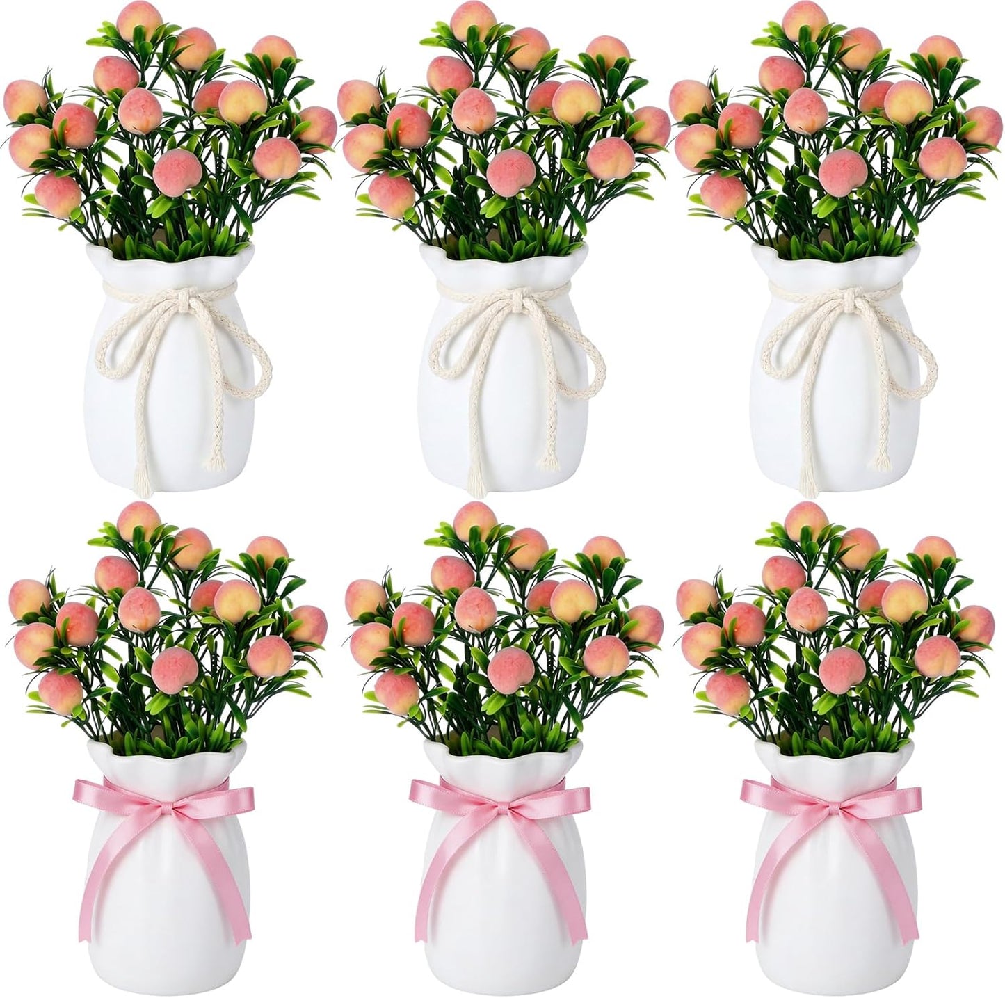 6 Sets Artificial Peach Branches with Vase Ribbon 12.6'' Realistic Faux Fruit Bouquet Fake Stem with Green Leaves Decorative for Home Party Farmhouse Table Decor (Pink, White)
