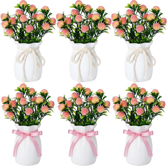 6 Sets Artificial Peach Branches with Vase Ribbon 12.6'' Realistic Faux Fruit Bouquet Fake Stem with Green Leaves Decorative for Home Party Farmhouse Table Decor (Pink, White)