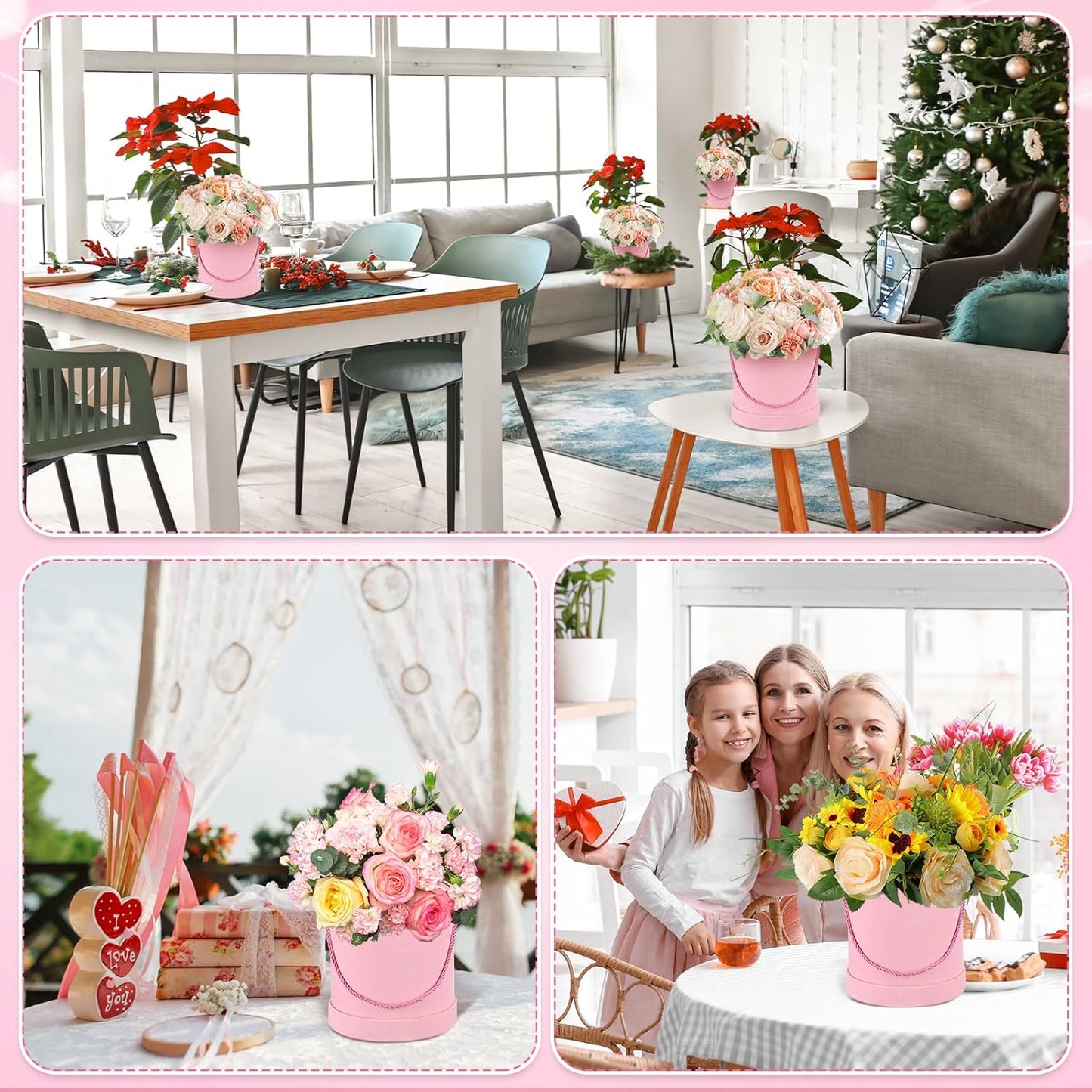 Uiifan 6 Pcs Velvet Round Flower Box with Lids Velvet Nesting Gifts Box with Handle for Mother's Day Wedding Holiday Luxury Flower Gift Arrangement Bridesmaid Birthday Party Favor(Pink)
