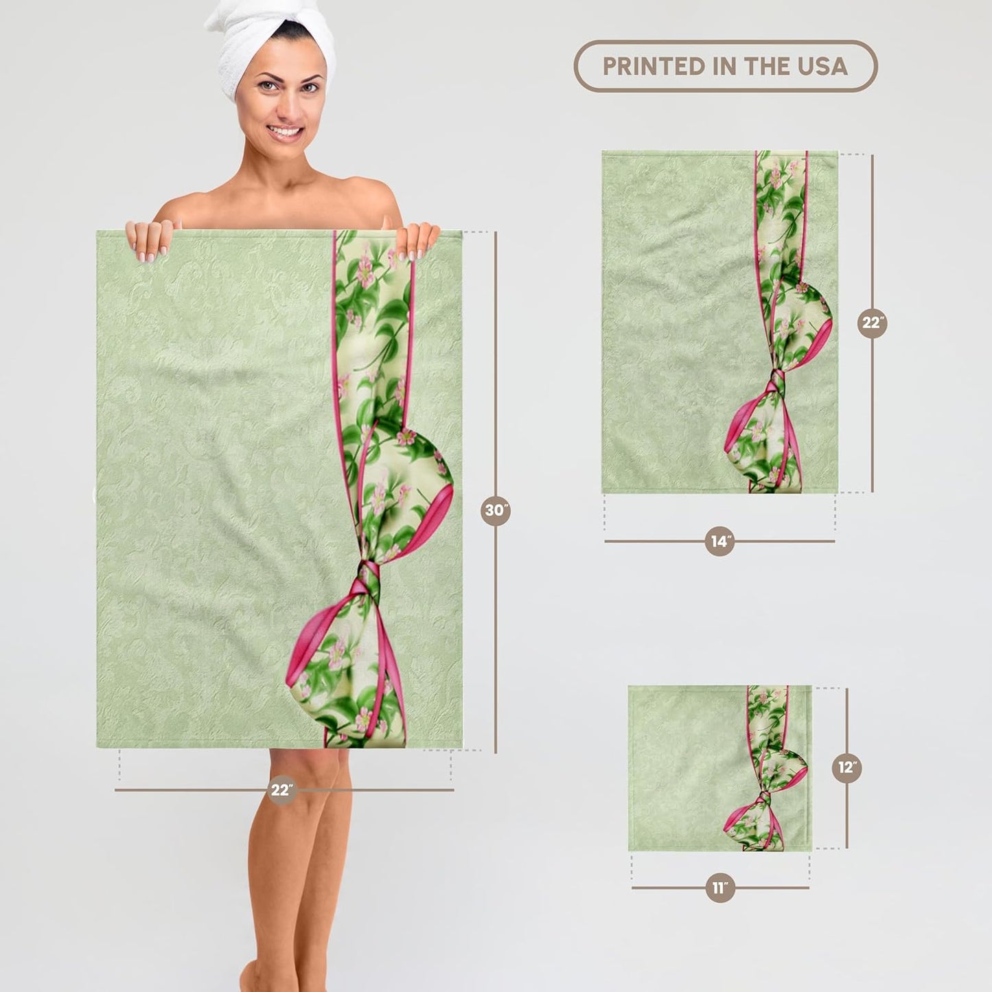 3dRose Green and Pink Floral Bow on Pastel Green Grunge Damask Background 22x30 Bath Hand Pool Towel