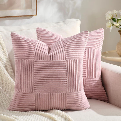 Fancy Homi Set of 2 Blush Pink Boho Decorative Throw Pillow Covers 18x18 Inch for Living Room Bedroom Couch Bed Sofa, Modern Farmhouse Home Decor, Soft Striped Plaid Corduroy Accent Cushion Case