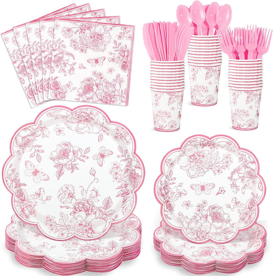NatNarr 175 Pcs Pink Floral Plates and Napkins, 25 Guest Scalloped Vintage Floral Party Decorations Include Toile Plates Napkins Cups Cutlery for Wedding, Bridal Baby Shower Tea Party