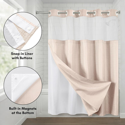 Americanflat 72x75 Hookless Waffle Pattern Shower Curtain - Water-Resistant Long Shower Curtain with Sheer Panel, Snap-in Liner, and Durable Grommets - 100% Polyester - Pink