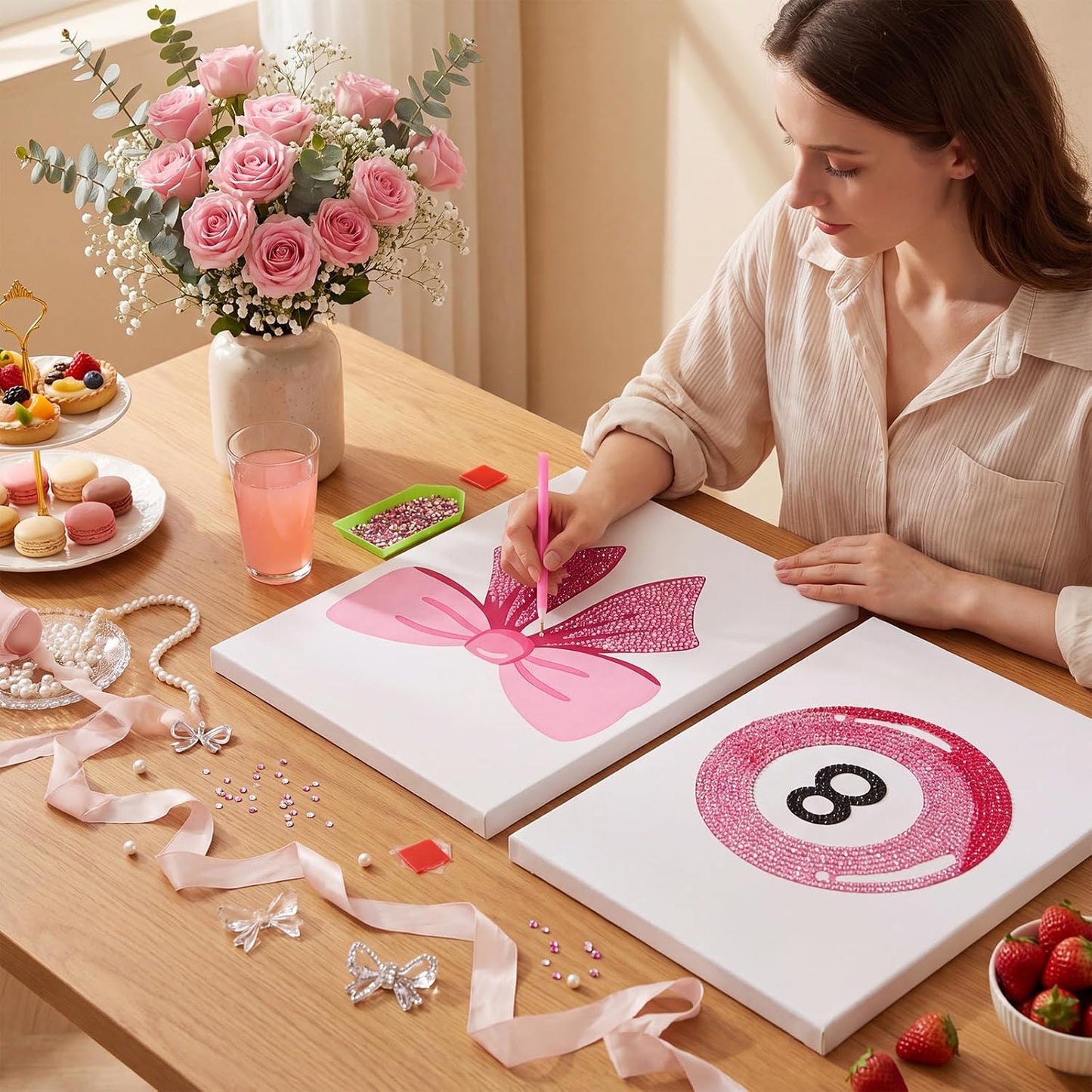 Eaasty 4 Sets Preppy Diamond Art Kits, Girls Night Game, Lucky Cherry Canvas Diamond Art Kit Coquette Preppy Wall Decor Trendy Coquette Pink Bow DIY Gem Painting Bachelorette Party Games