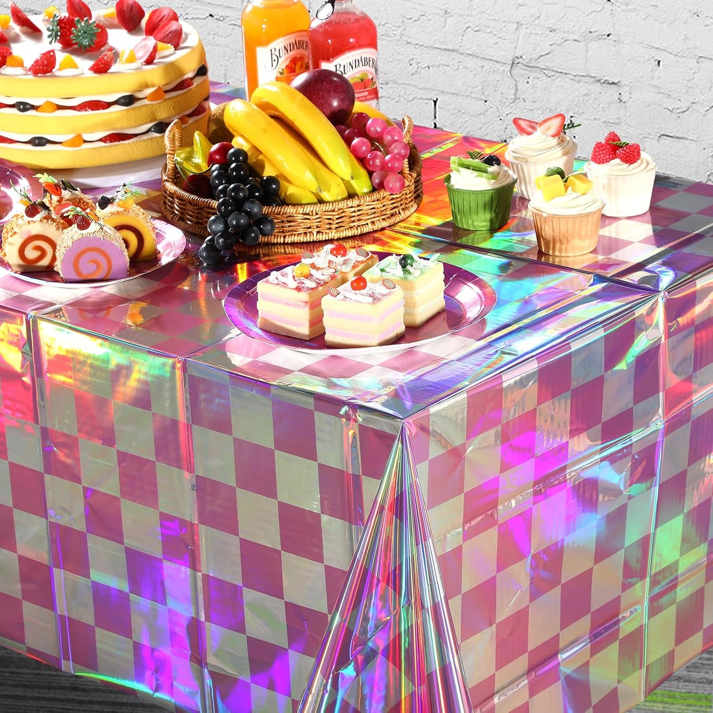 3 Pack Pink and Iridescent Checkered Plastic Tablecloth, Shiny Disposable Laser Rectangle Table Covers, Holographic Foil Tablecloth Iridescent Party Decorations for Picnic Camping Outdoor, 54x108Inch