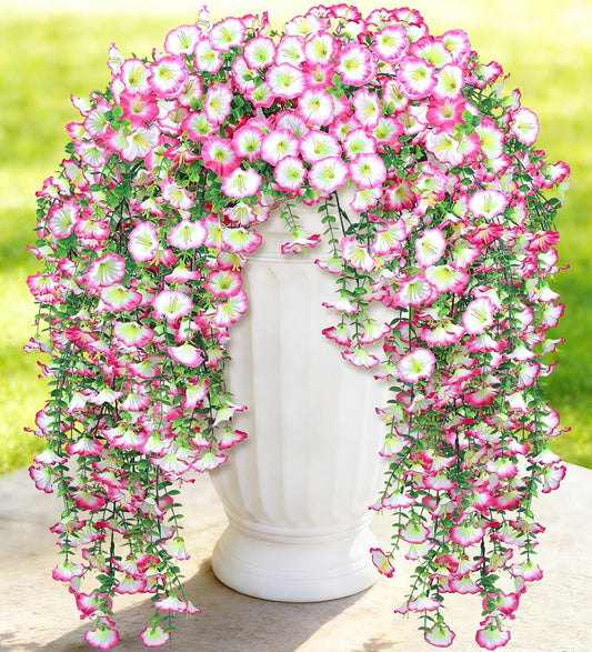 Artificial Hanging Flowers for Outdoors, 6Pcs UV Resistant Morning Glory Vines Fake Flowers with Eucalyptus, Realistic Silk Faux Hanging Plants Decor for Outside Planter Porch Patio (Pink Edge White)