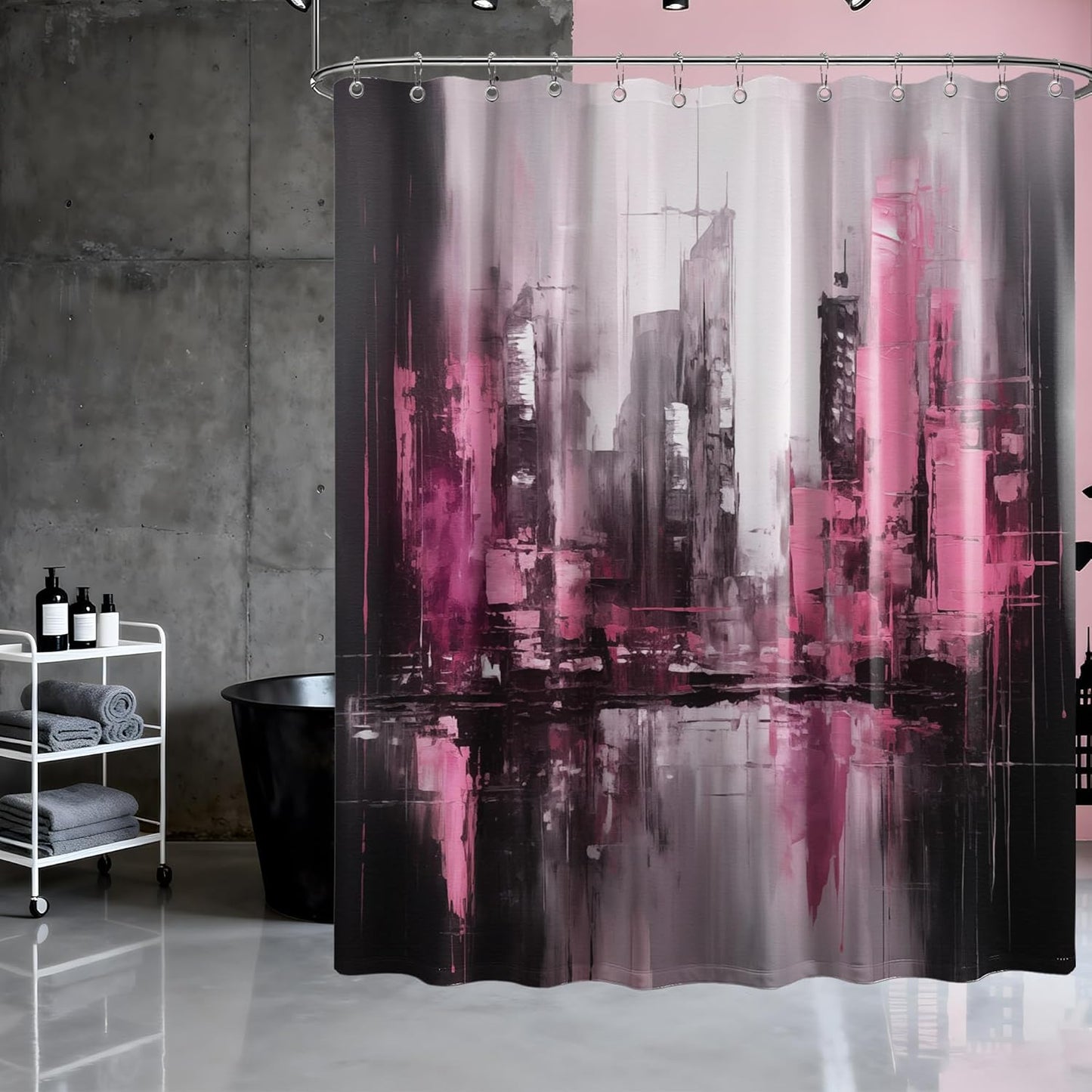 Black and Pink Shower Curtain Abstract Art Painting for Modern Bathroom Decor, Waterproof Fabric 70 x 72 inch with Hooks
