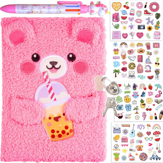 Diary for Girls with Lock and Keys, Journal School Travel Notebook Gift Set for Writing and Drawing,Multicolored Pen, Stickers, Birthday Gift for Girls (pink-Bear)