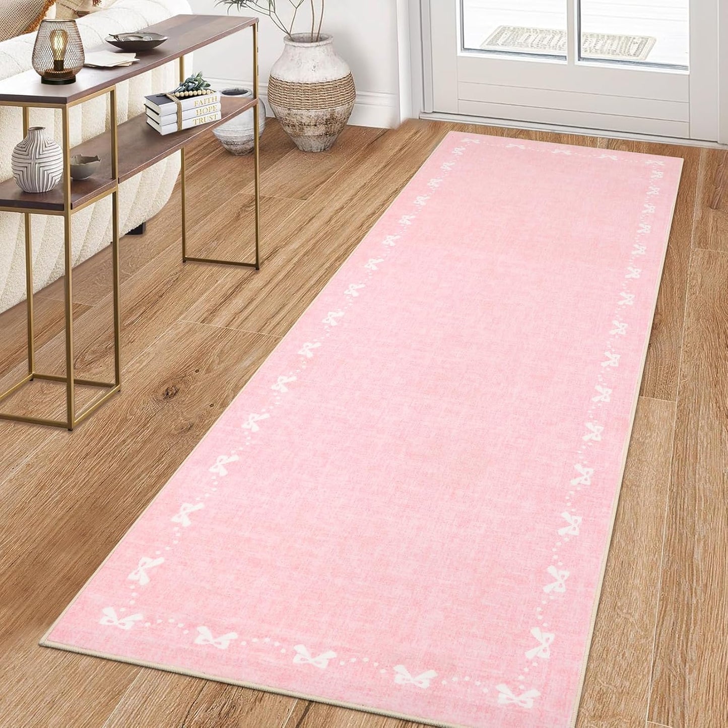 GarveeHome Bow Washable Rugs 2x6 Hallway Runner Rug Non Slip Kitchen Rugs Soft Non Shedding Modern Low Pile Entryway Rug Stain Resistant Carpet for Bath Laundry Room Bedroom, Pink