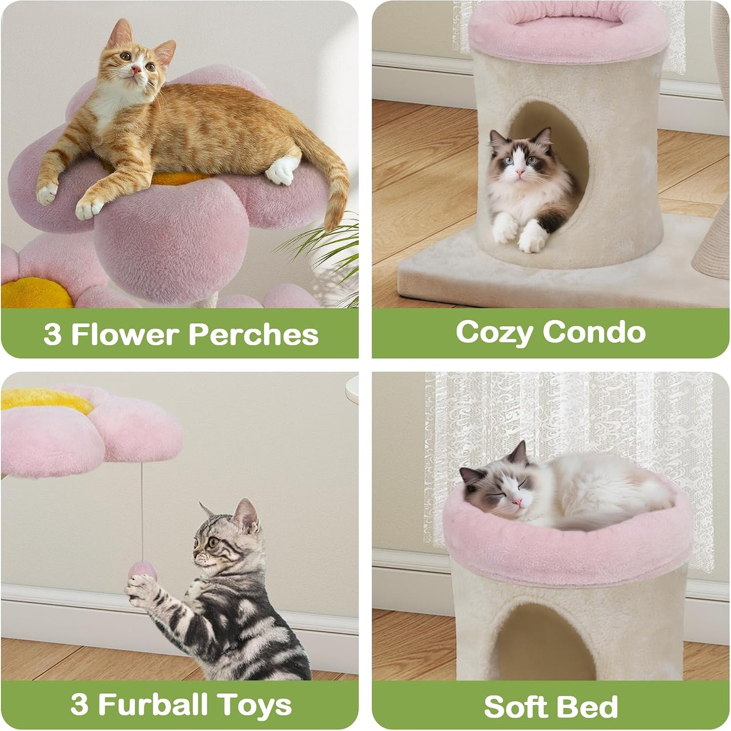 COZIWOW 57" Heavy Duty Cat Tree for Large Cats, Aesthetic Pink Metal Tube Cat Tower with Large Condo & Flower Perches, Multi-Level Indoor Cat House with Scratching Post