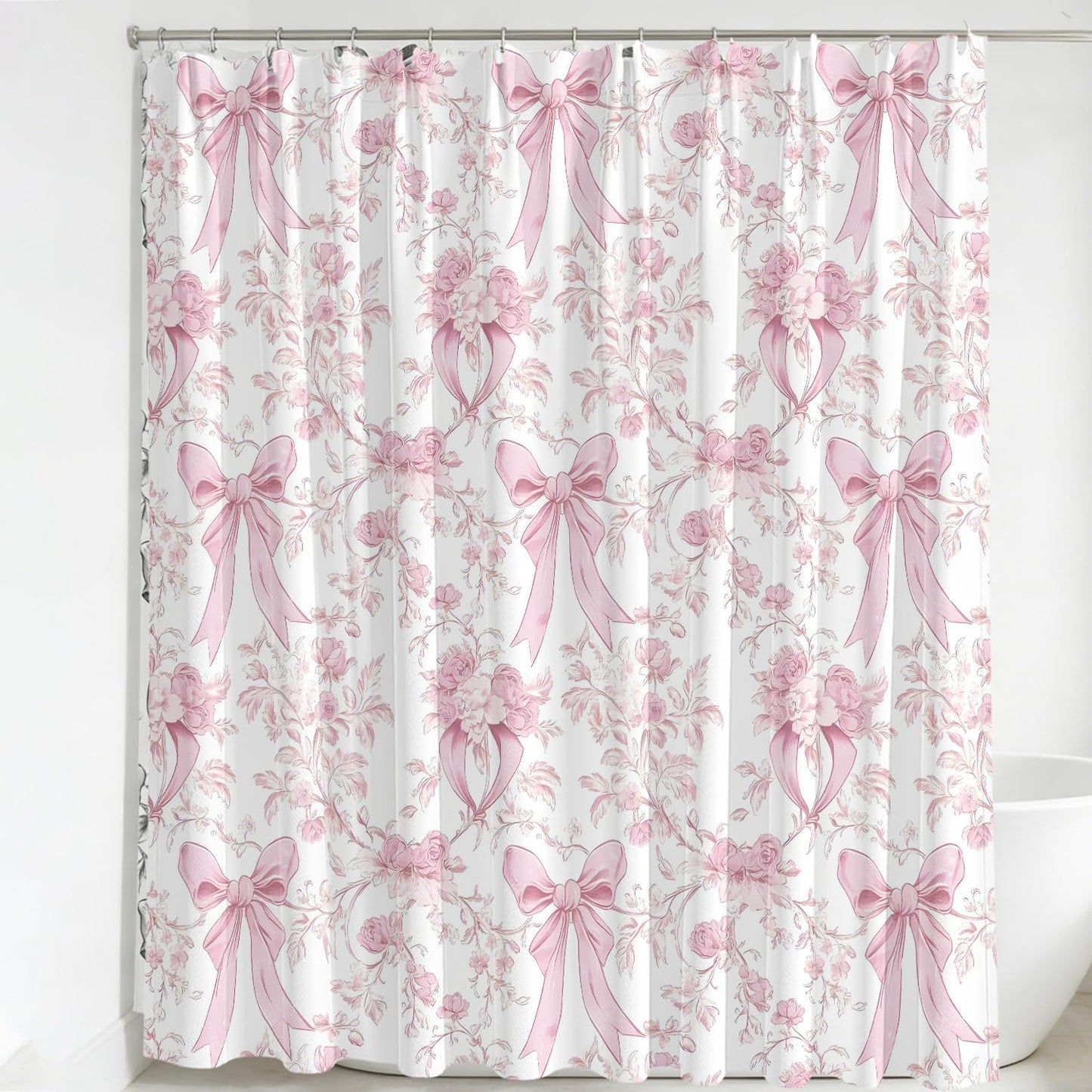 Pink Bow Shower Curtain Decor, Pink and White Girly Shower Bath Tub Curtain, Aesthetic Coquete Waterproof Bathroom Decor(72 X 72 Inches)
