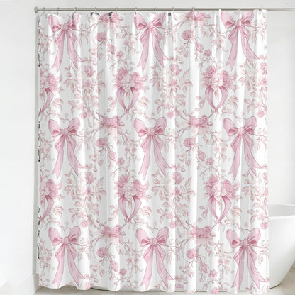 Pink Bow Shower Curtain Decor, Pink and White Girly Shower Bath Tub Curtain, Aesthetic Coquete Waterproof Bathroom Decor(72 X 72 Inches)
