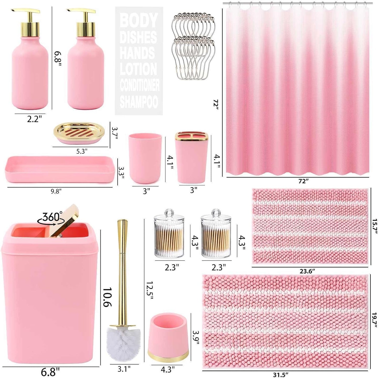 XLHOMO 25PCS Pink Bathroom Accessories Sets Complete, with Shower Curtain, Rugs, Trash Can and Toilet Brush, Toothbrush Holder and Cup, Soap Dispenser, Soap Dish, Qtip Holder, Bathroom Decor Sets