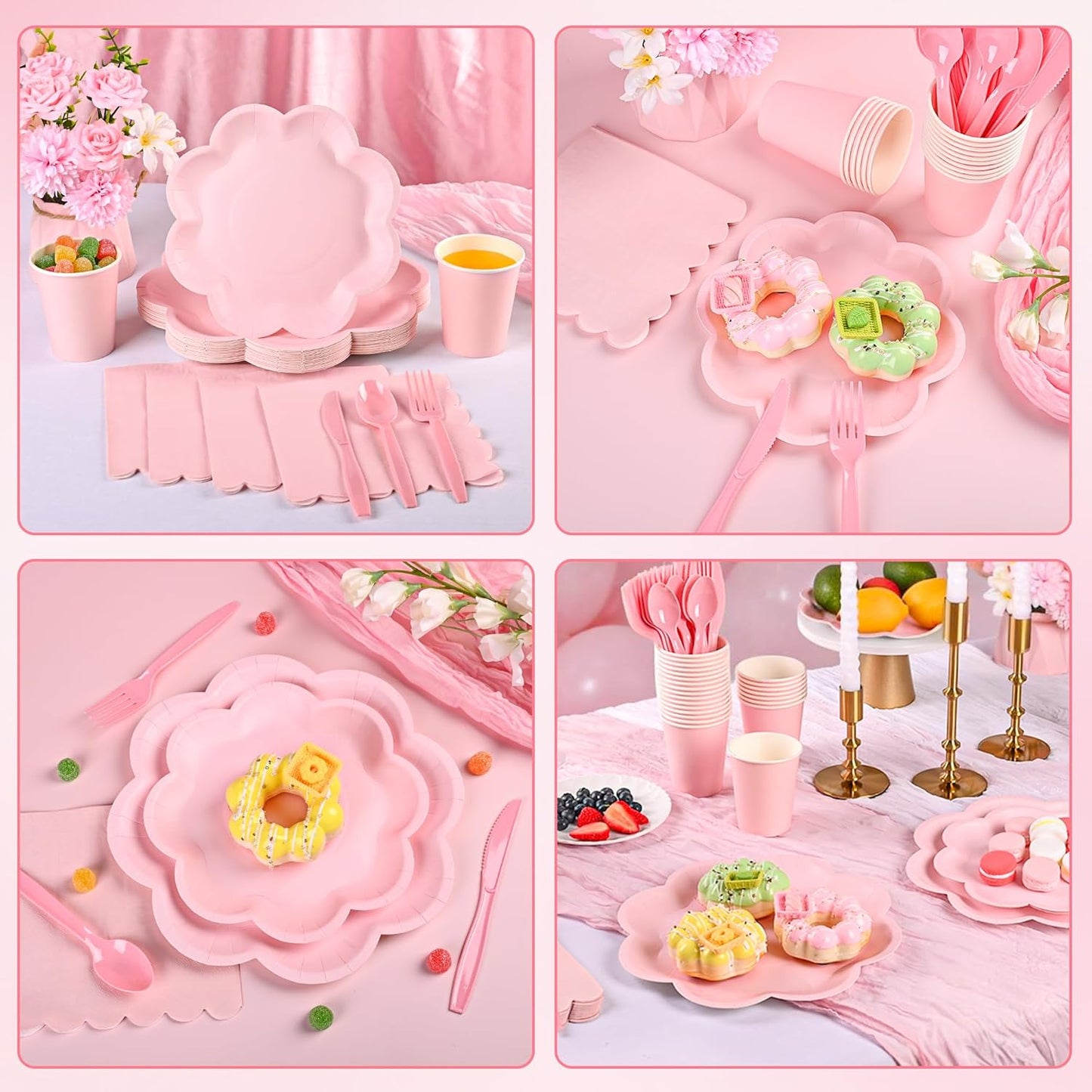 350 Pcs Pink Paper Plates and Napkins Set, Tableware Set for 50 Guests Include Disposable Pink Scalloped Plates, Napkins, Cups, Knives, Forks & Spoon for Baby Shower Wedding Bridal Shower Birthday