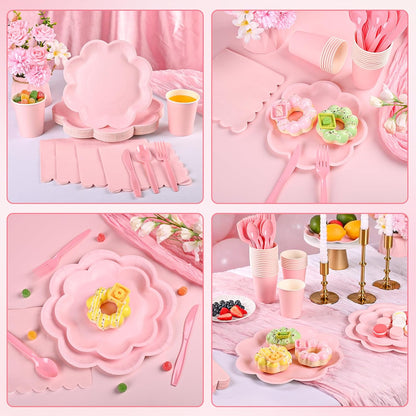 350 Pcs Pink Paper Plates and Napkins Set, Tableware Set for 50 Guests Include Disposable Pink Scalloped Plates, Napkins, Cups, Knives, Forks & Spoon for Baby Shower Wedding Bridal Shower Birthday