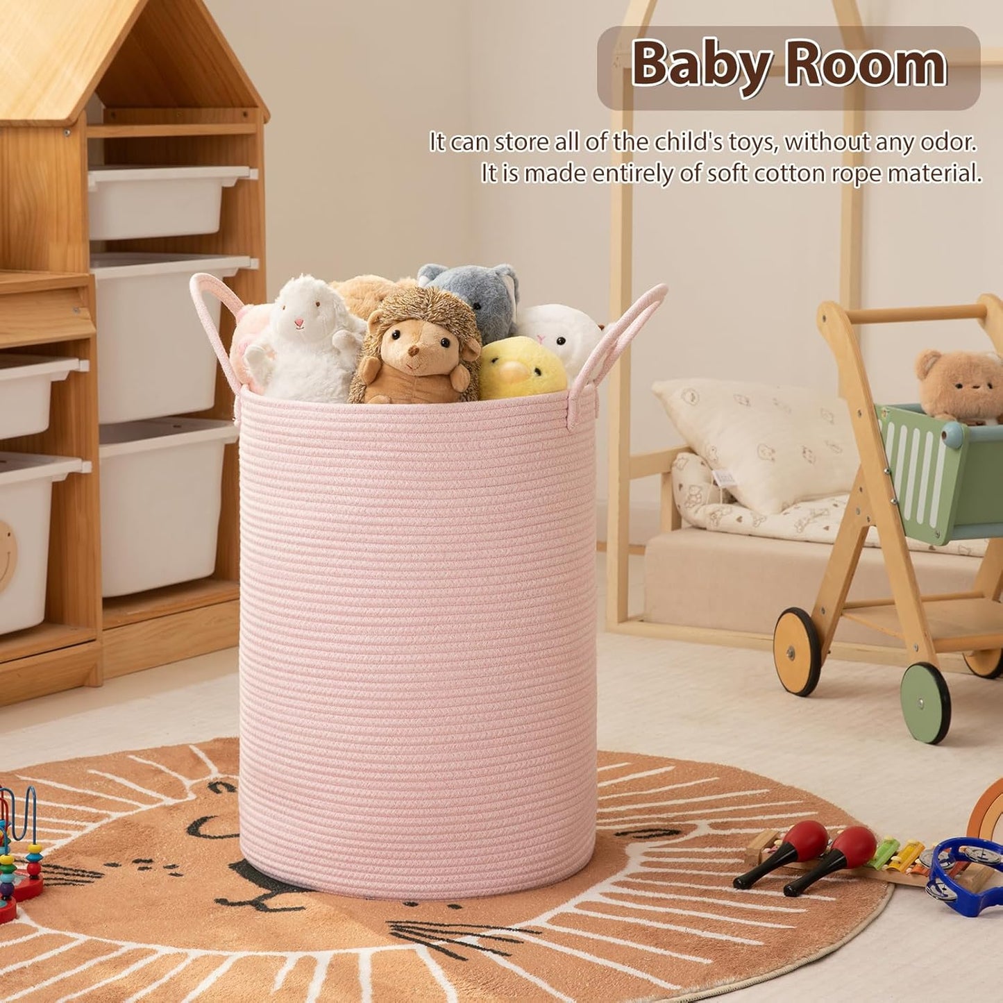 OIAHOMY Large Laundry Basket Hamper - 60L Cotton Rope Woven Basket for Blankets, Toys, Clothes - Tall Decorative Nursery Hamper with Long Handles, Pink