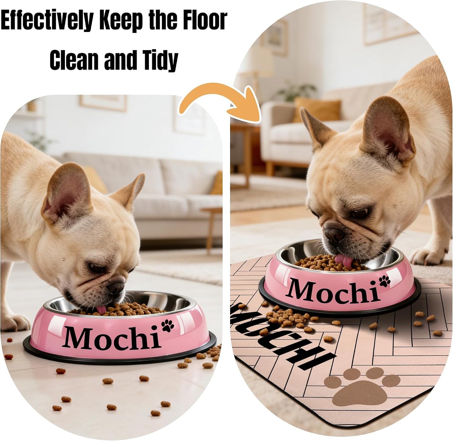 Personalized Pet Food Mat for Dog, Custom Name Absorbent Placemat for Water Bowl, Non-Slip Rubber Backing, Quick Dry Water Dispenser Mat, 17.7"x11.8", Pink