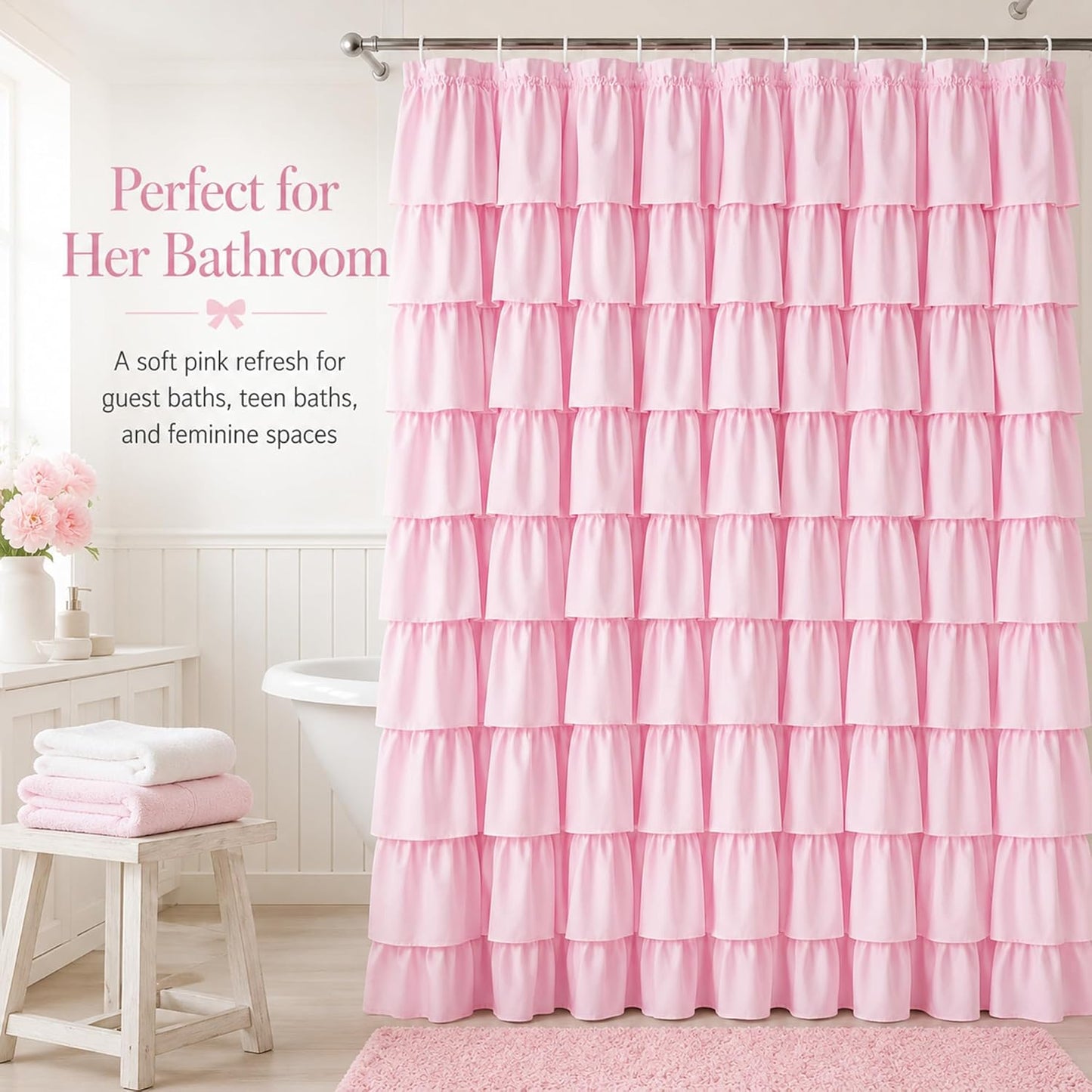 Pink Ruffle Shower Curtain - Farmhouse Ruffled Fabric for Bathroom 72 inches x 72 inch
