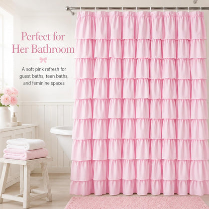 Pink Ruffle Shower Curtain - Farmhouse Ruffled Fabric for Bathroom 72 inches x 72 inch
