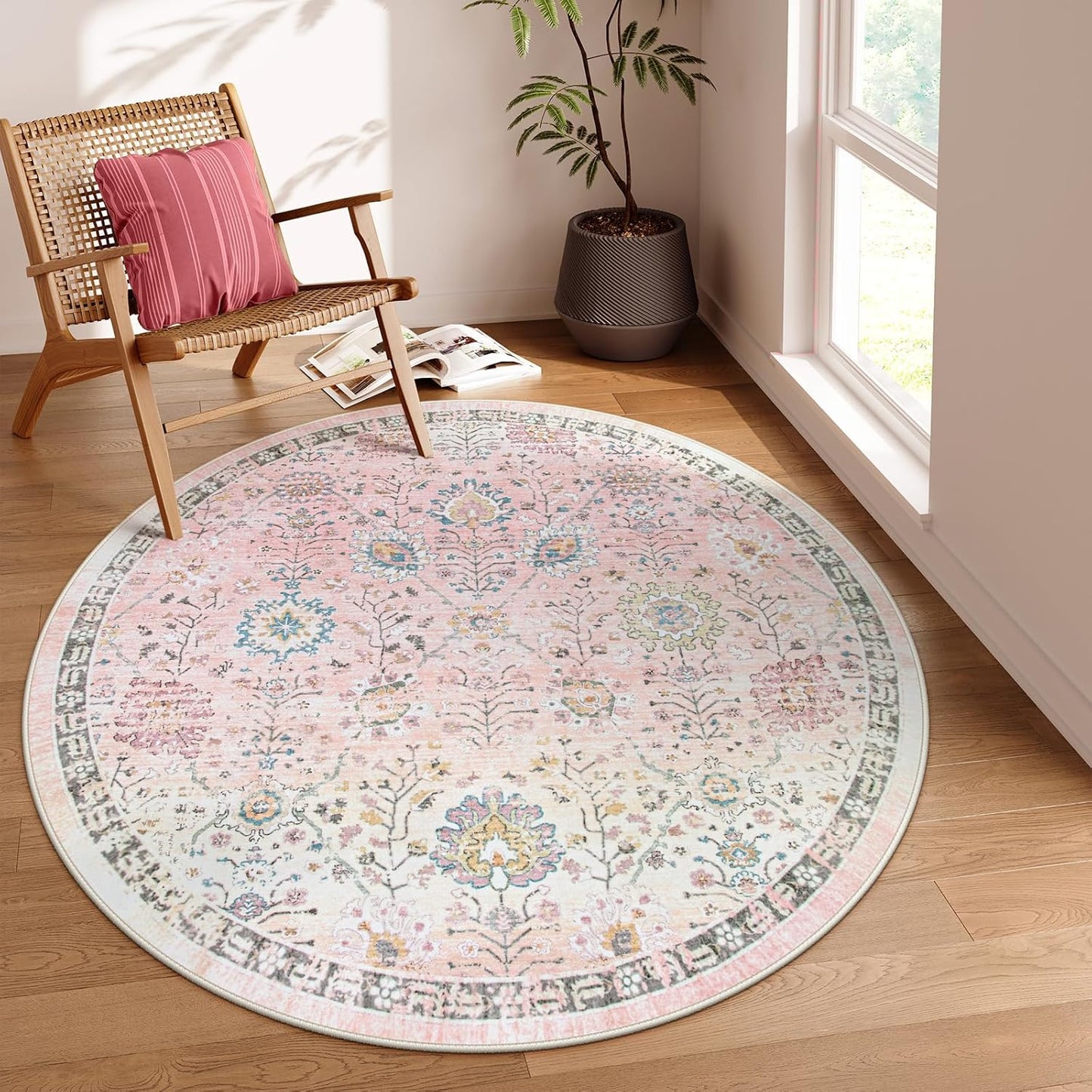 Lahome Flavie Light Pink Boho Rug 6ft, Circle Washable Area Rugs for Playroom Kids Room, Soft Floral Nursery Round Carpet Non Slip, Pastel Floor Carpet for Bedroom Living Room