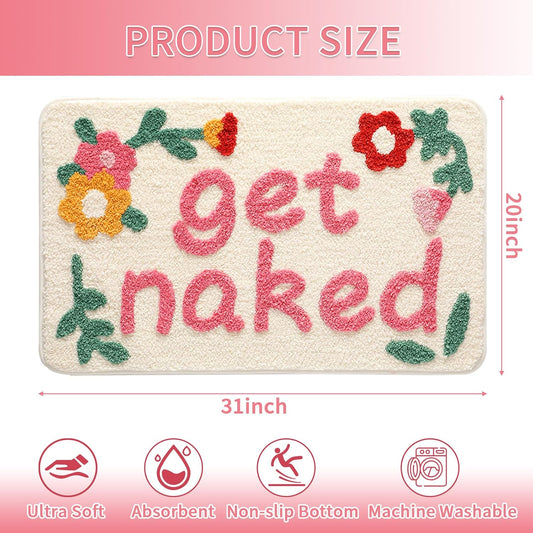 Get Naked Bath Mat, Cute Floral Bathroom Mat Green Leaves Bath Mat, Extra Soft Non Slip Absorbent Bathtub Mat, Machine Washable Fluffy Microfiber Funny Decor Mat for Bedroom Shower 20x31 IN (Pink)