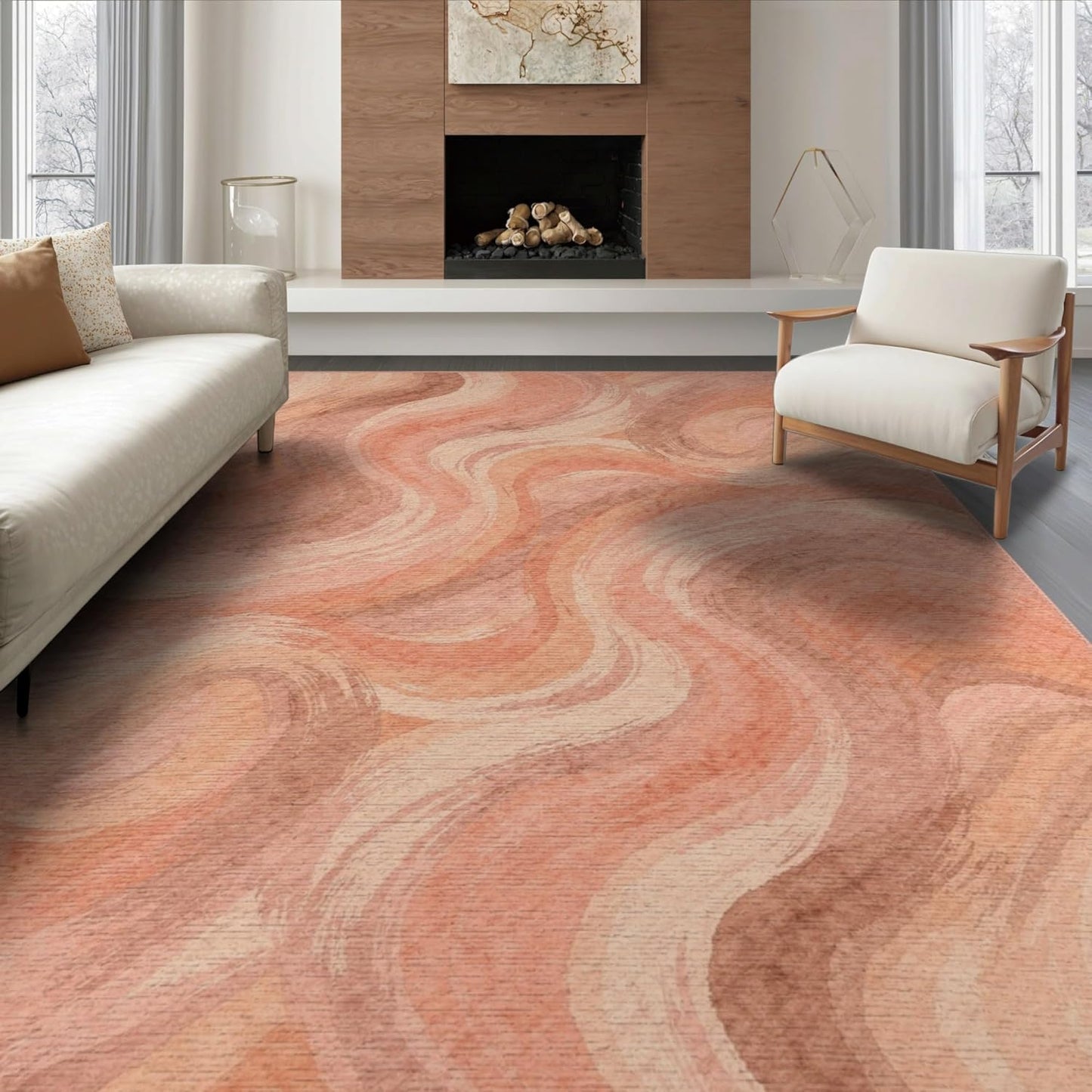 8'x10' Washable Flatwoven Rug, Coral Modern Abstract Stain Resistant Extra Large Carpet Non-Slip Chair-Friendly Mat for Dining Room, Large Office, Lounge | Ref:2164767