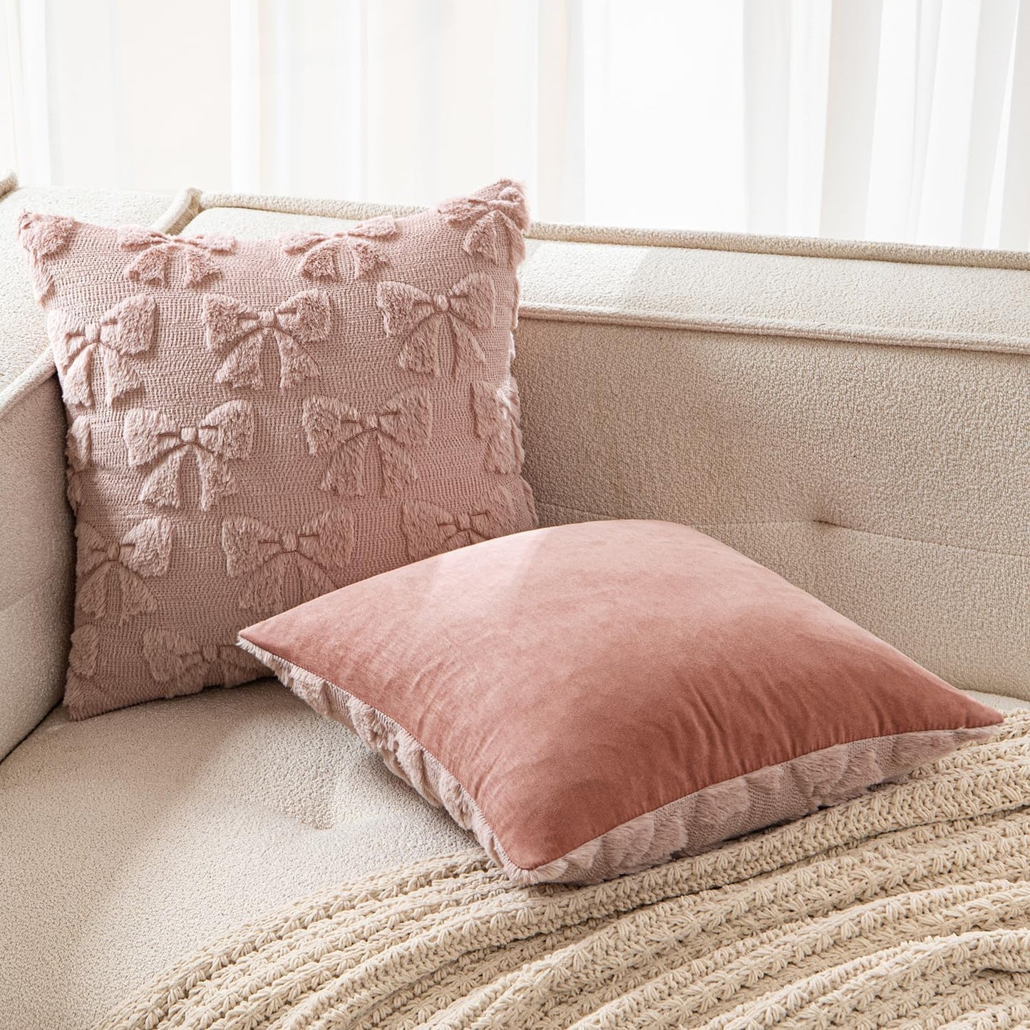 MIULEE Blush Pink Bow Pillow Covers Coquette Room Decor Aesthetic Set of 2 Spring Decorative Cute Girl Soft Plush Faux Pillowcase for Preppy Room Decor Bedroom Couch,18x18 Inch