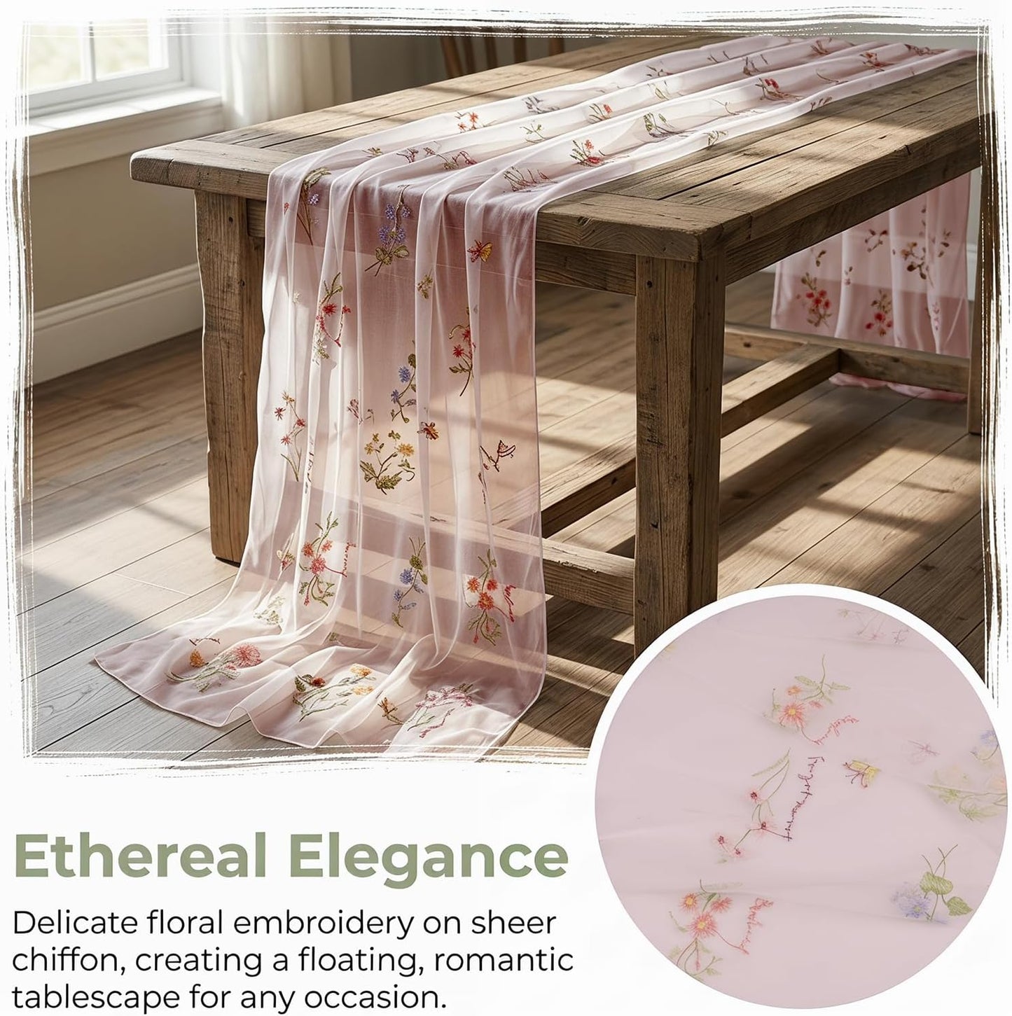 10Ft Generic Wildflower Embroidery Table Runner Butterfly Decor Bohemian Table Runner for Dining Room Coffee Table Wedding Party Home Decor (Light Pink-1Pc)