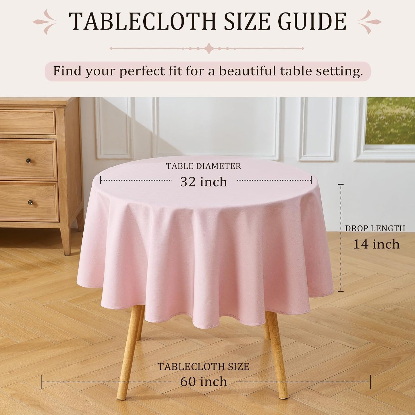 Light Pink Round Tablecloth, 60 Inch | Faux Linen, Textured Soft Fabric, Spill Resistant, Rustic Farmhouse