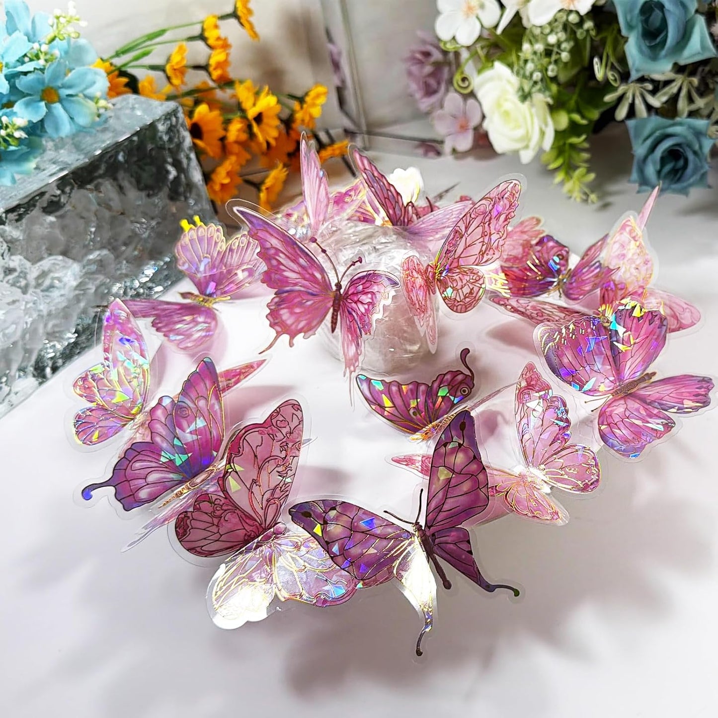 Ewong 3D Butterfly Wall Decor, 60Pcs Butterfly Party Birthday Cake Decoration, Removable Waterproof Wall Art Decal for Home Room Bathroom Bedroom Classroom Sticker & Murals (Pink)