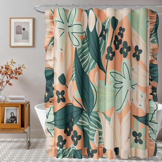 Tyrot Boho Floral Fabric Shower Curtain Set Colorful Abstract Botanical Ruffle Shower Curtains for Bathroom Mid Century Modern Aesthetic Home Decor Waterproof Bath Curtain with Hooks, 72x72, Coral