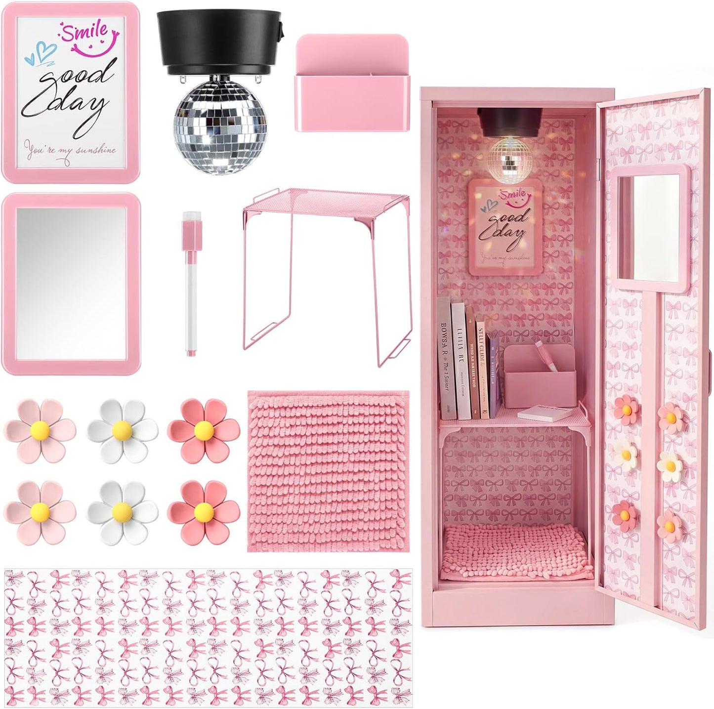 Pinkunn 17 Pcs Disco Ball Locker Accessories Include Locker Organizer Shelf Disco Ball Rug Magnetic Mirror Whiteboard Pen Holder Flower Magnets Marker for Back to School Essentials (Pink,Preppy)