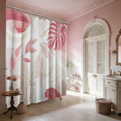 Light Pink and White Shower Curtain Girly Blush Pale Pink Mid Century Modern Shower Curtains for Girls Bathroom Decor, Waterproof Cloth Fabric with Hooks, 70" W x 72" L