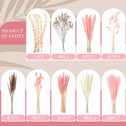Thiccywoov 120 Pcs Pink Natural Dried Pampas Grass Fall Decor 17 Inches Autumn Fluffy Grass Bouquet Eucalyptus Boho Decor for Vase Wedding Floral Room Home Party Table Centerpieces Decorations