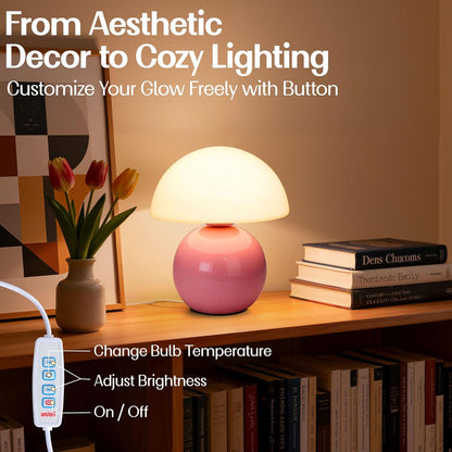 Cute Small Mushroom Lamp Decor,USB-Plug in Bedside Table Lamps with 3-Temperature LED Bulb Dimmable,Modern Aesthetic Home Decor for Livingroom/Bedroom/Dorm/Nursery (Pink with Plug)