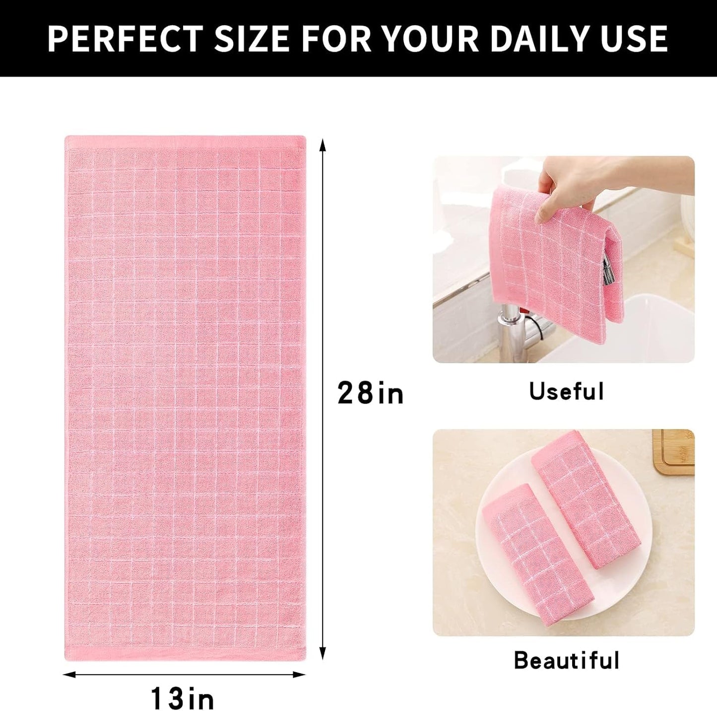 Homaxy 100% Cotton Terry Kitchen Towels(Pink, 13 x 28 inches), Checkered Designed, Soft and Super Absorbent Dish Towels, 2 Pack