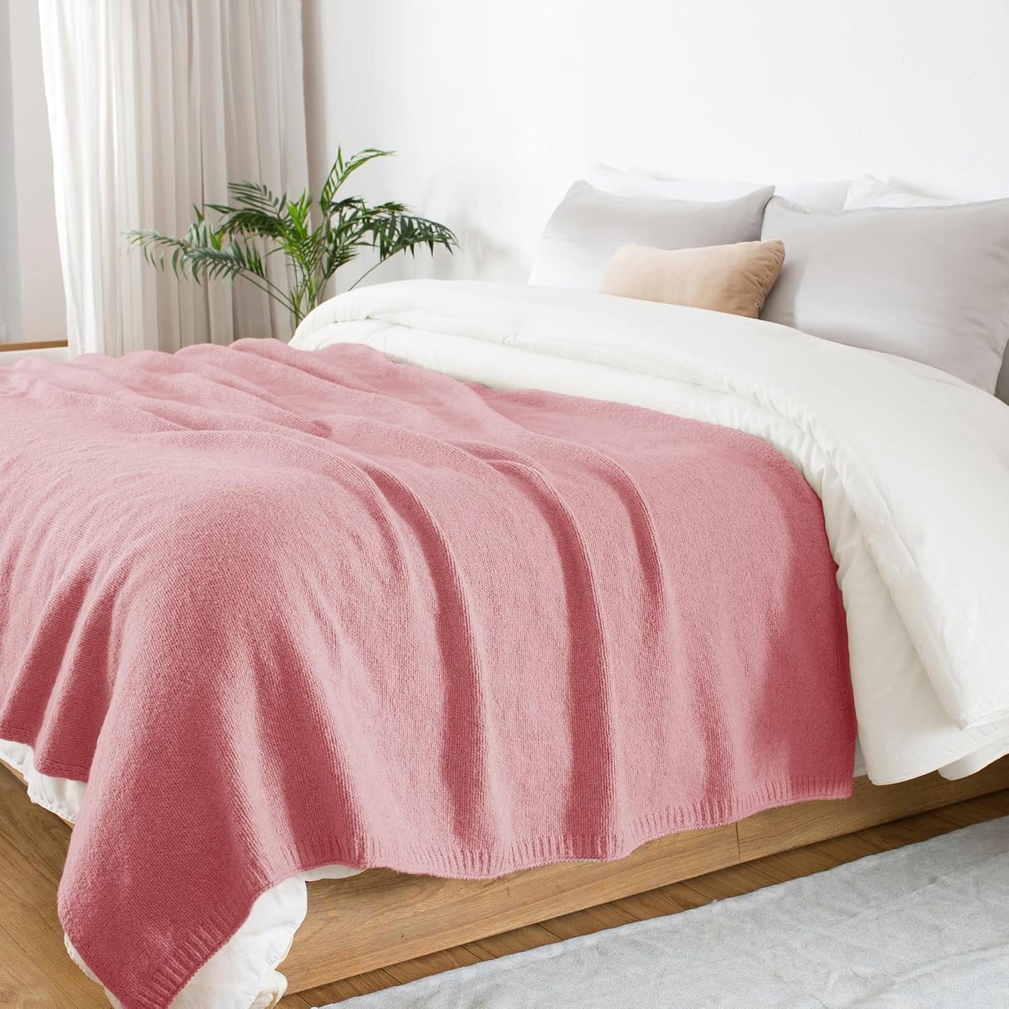 Carriediosa Wool Blend Knit Throw Blanket 50% Recycled Poly 50x60 Pink | Rib Knitted, Lightweight, Soft, Fuzzy, Cozy, Fluffy, Throws, Blankets, Bed Cover, For Couch, For Sofa