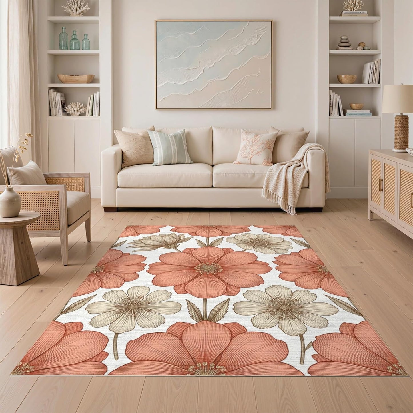 5'x7' Washable Flatwoven Rug, Peach Modern Floral Stain Resistant Area Rug for Guest Room, Lounge, Apartment, Non-Slip Low Profile Floor Covering | Ref:2129430