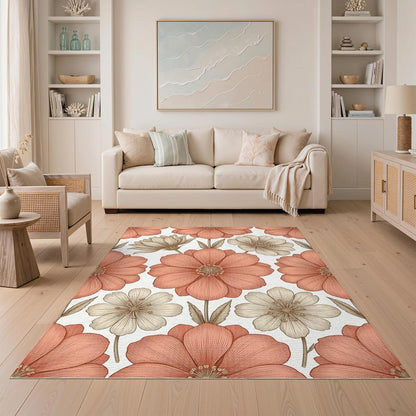 5'x7' Washable Flatwoven Rug, Peach Modern Floral Stain Resistant Area Rug for Guest Room, Lounge, Apartment, Non-Slip Low Profile Floor Covering | Ref:2129430