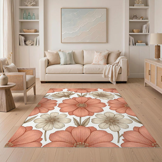 5'x7' Washable Flatwoven Rug, Peach Modern Floral Stain Resistant Area Rug for Guest Room, Lounge, Apartment, Non-Slip Low Profile Floor Covering | Ref:2129430
