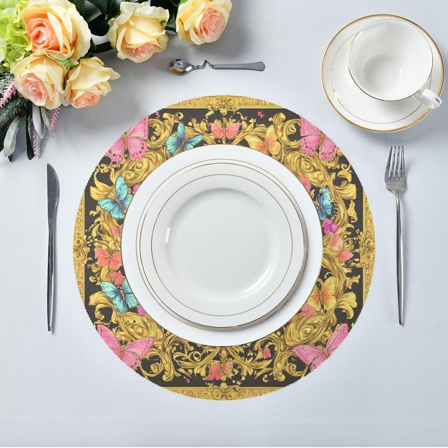 Retro Butterflies Pattern Gold and Peach Summer Round placemats Reversible Quilted placemat placemat Washable Wipe Clean placemats for Dining Table placemats Heat Resistant Waterproof Dinning