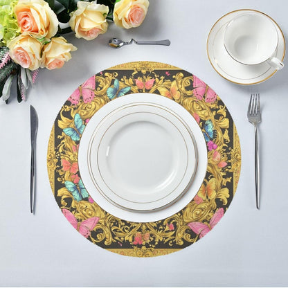 Retro Butterflies Pattern Gold and Peach Summer Round placemats Reversible Quilted placemat placemat Washable Wipe Clean placemats for Dining Table placemats Heat Resistant Waterproof Dinning