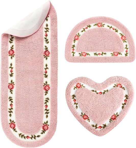 Drydiet 3 Pcs Rose Flowers Coquette Bathroom Rugs Set Rose Flower Area Rugs Non Slip Absorbent Washable Door Mat Floral Bathroom Carpet Coquette Decoration for Home Hotel, 3 Shapes(Pink)