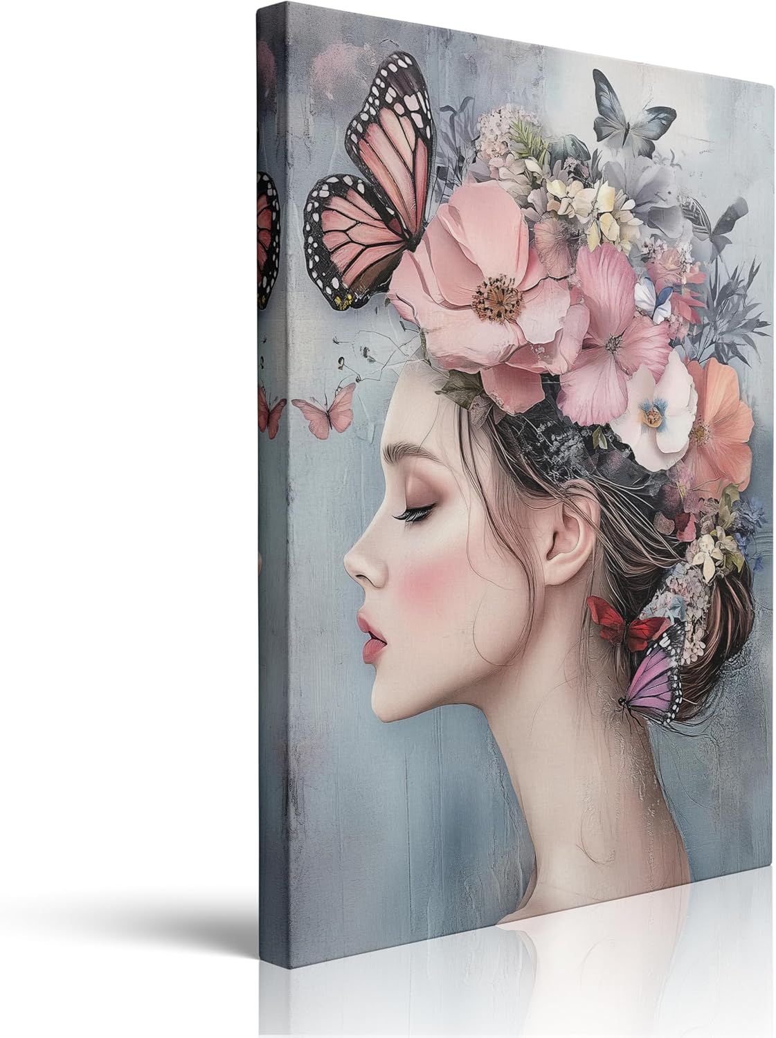 Woman with Flower Crown and Butterflies Canvas Wall Art Framed Print Painting Feminine Floral Portrait Pastel Pink Wall Decor Artwork for Bedroom Nursery Office Dreamy Ethereal Aesthetic 12x16 Inches
