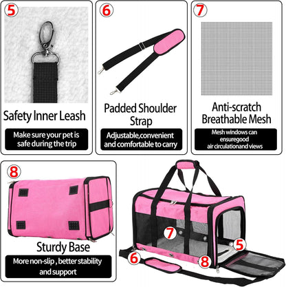 Soft Sided Cat/Dog Carrier,Collapsible Pets Travel Carriers for Pet/Puppy with Shoulder Strap & Removable Mat,Mesh Top Load Small Dogs/Cats Carry Bag Up to 17 Lbs TSA Airline Approved（Pink,M）