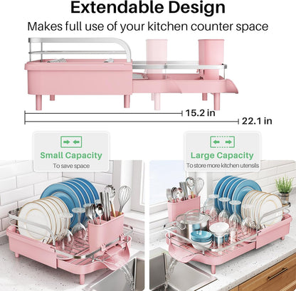 SNTD Dish Drying Rack, Expandable Dish Rack for Kitchen Counter, Stainless Steel Dish Drainer with Drainboard Set and Utensil Holder (Pink)