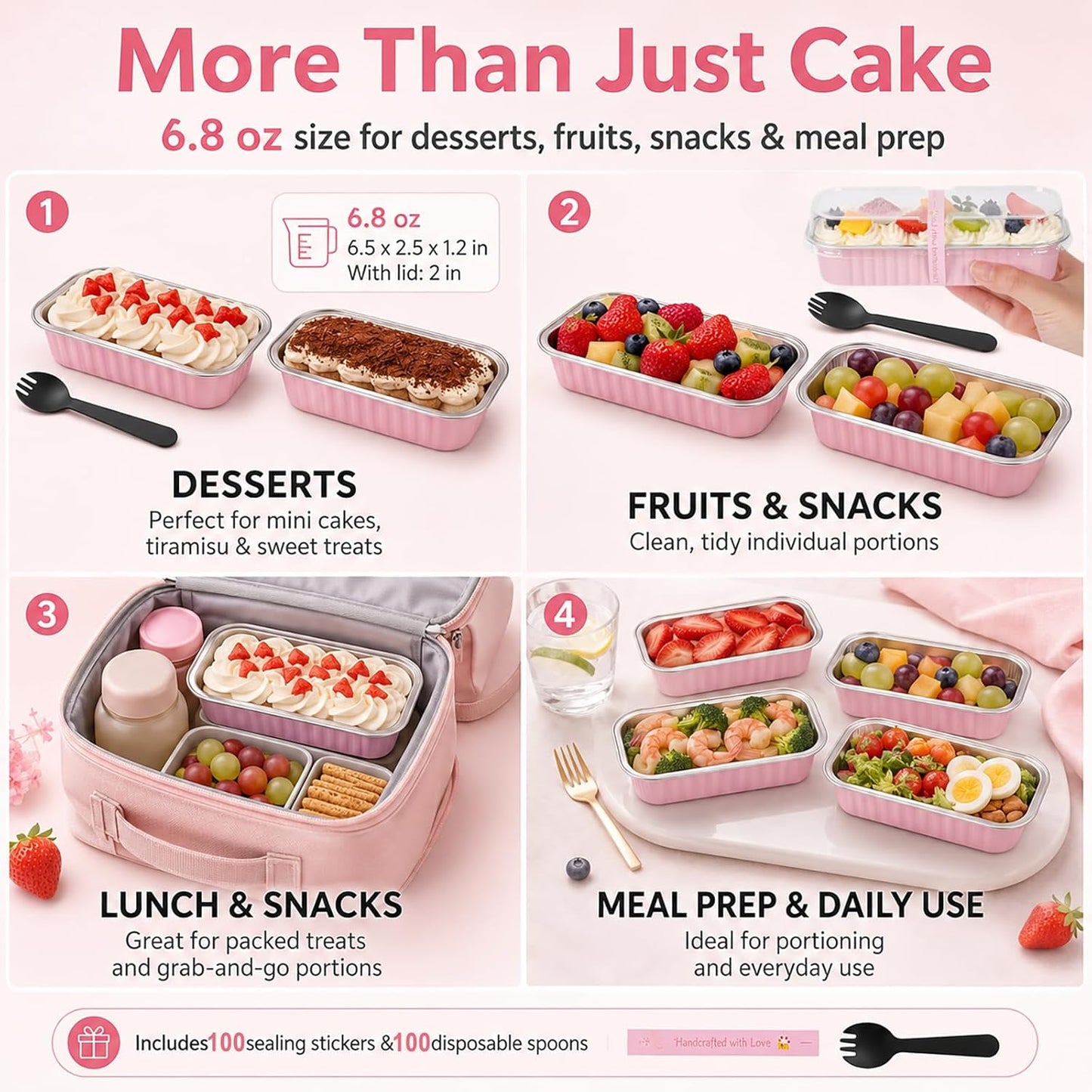 YQER 100 Pack Mini Loaf Pans with Lids and Spoons, 6.8oz Disposable Aluminum Foil Mini Cake Pans and Baking Tins with Sealing Stickers, Individual Pink Dessert Containers for Parties and Gifts