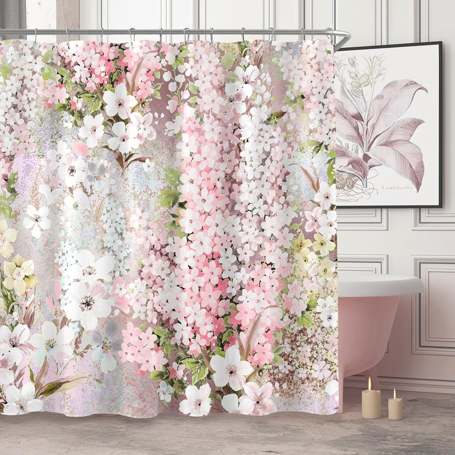 Blush Pink Floral Shower Curtain, Colorful Flower Fabric Shower Curtains for Bathroom, Pretty Funky Watercolor Cloth Shower Curtain Set Cute Trendy Waterproof Bath Curtain 72x72