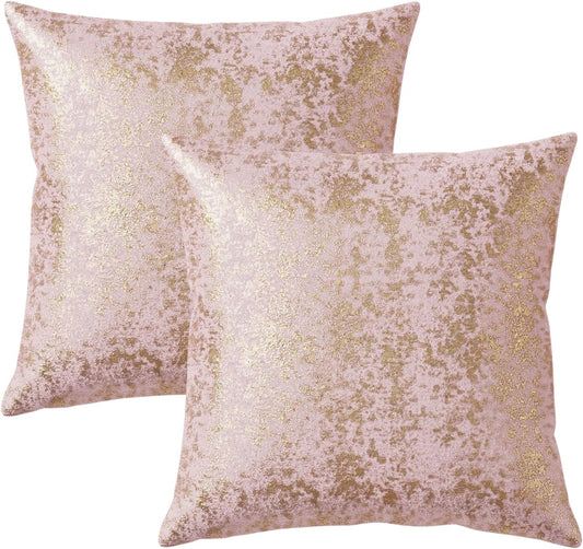 Q&J FABRIC CO. 2 Pack Velvet Throw Pillow Covers 20x20'', Luxury Dutch Fleece Soft Square Cushion Cases Gold Foil Embossed for Sofa & Home Decor Pink